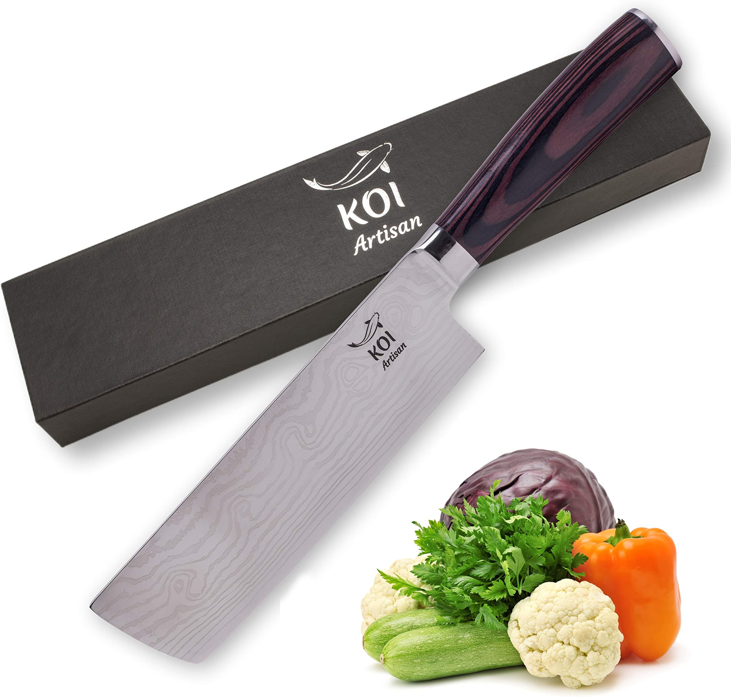 KOI ARTISAN Nakiri Kitchen Knives - Fruit and Vegetable Chef Knife 7 Inch – Traditional Japanese Kitchen Knife High Carbon Stainless Steel – Professional Chefs Knife