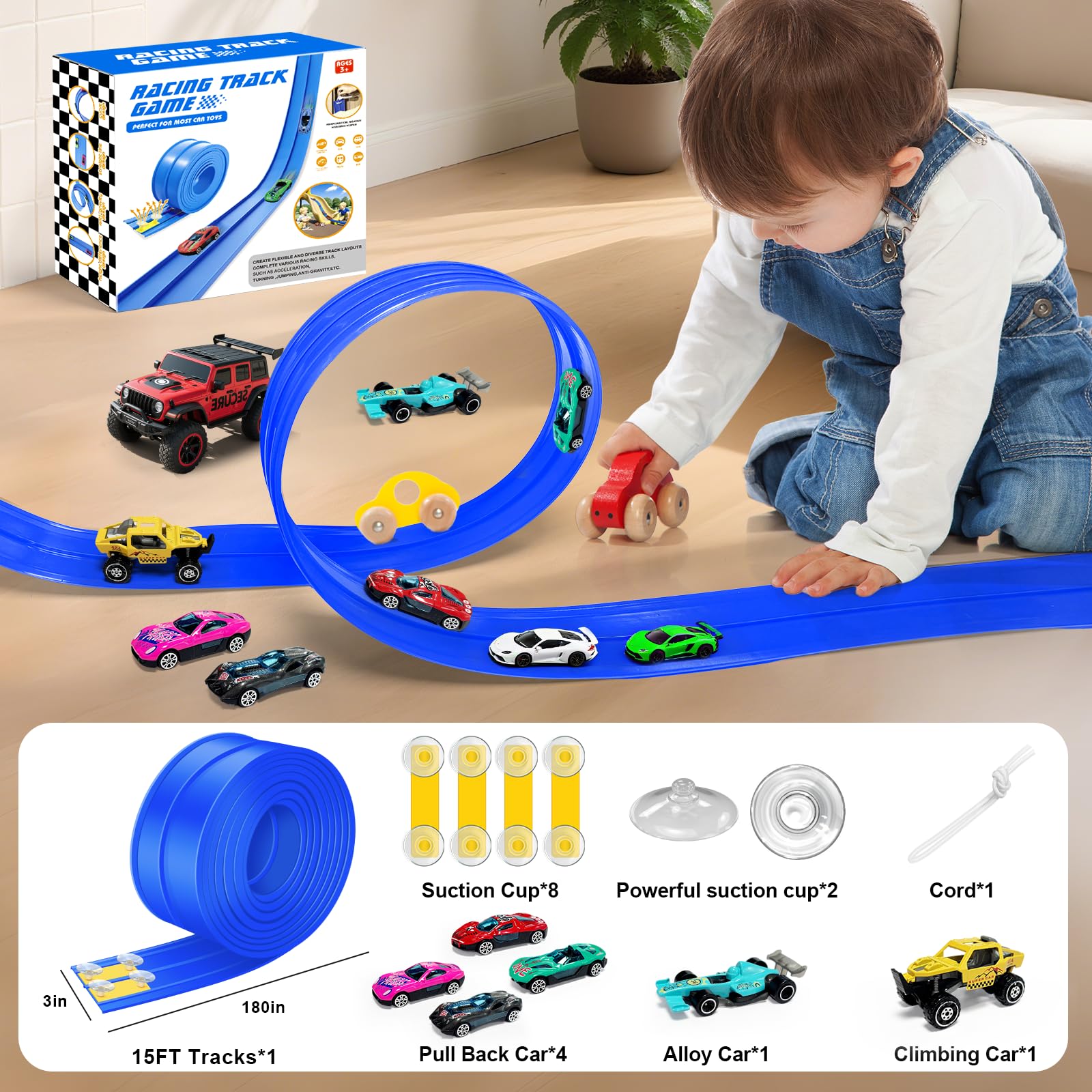 EFCRBS 15Ft Flex Track, Flexible Race Car Track for Kids Toy with 10 Suction Cups, Rolls Up Portable Racetrack Compatible with Hot Wheels & Diecast 1/64th Cars, Christmas Birthday Gifts for Boys(Blue)