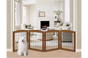 LZRS 4-Panel Extra-Wide Wooden Freestanding Dog Gate: Foldable Solid Wood and Steel Wire Chew Resistant Safety Barrier for Doorways, Stairs, and Large Open Spaces Indoor Use, Cherry