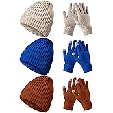 Syhood 6 Pieces Women Men Beanie Winter Hat Gloves Set, Thick Warm Knitted Skull Cap Touchscreen Gloves Unisex