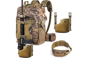 laapee Hunting Backpack 40L for Men, Tactical Camo Bow Rifle Backpack with Removable Waist Belt, PALS/MOLLE System, Waterproof Rain Cover, Flag & Whistle for Saddle Hunting