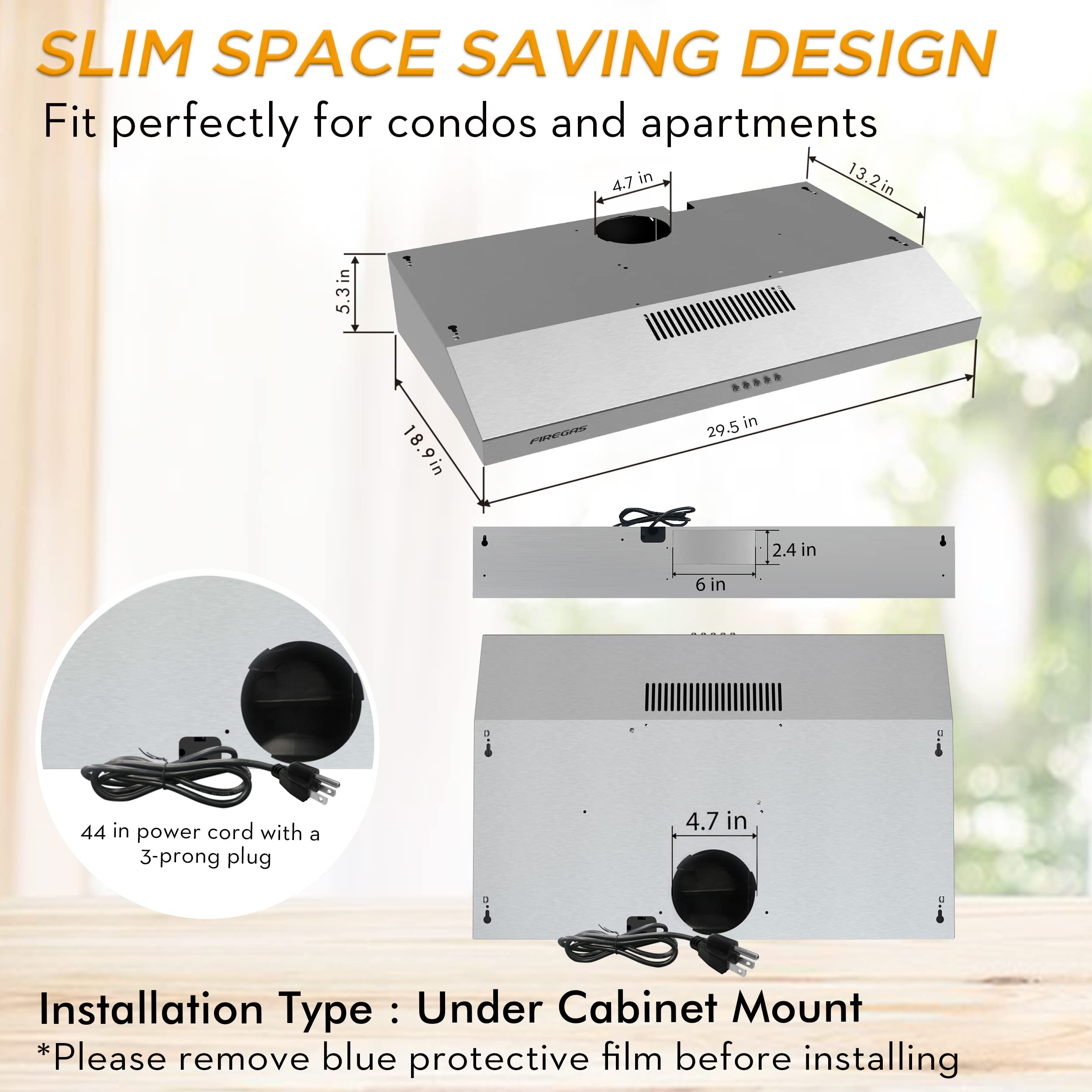 FIREGAS Under Cabinet Range Hood 30 inch with Brushless DC Motor, LED Light, 3 Speed Exhaust Fan, Reusable Aluminum Filters, Push Button,Stainless Steel Range Hood,with Charcoal Filter