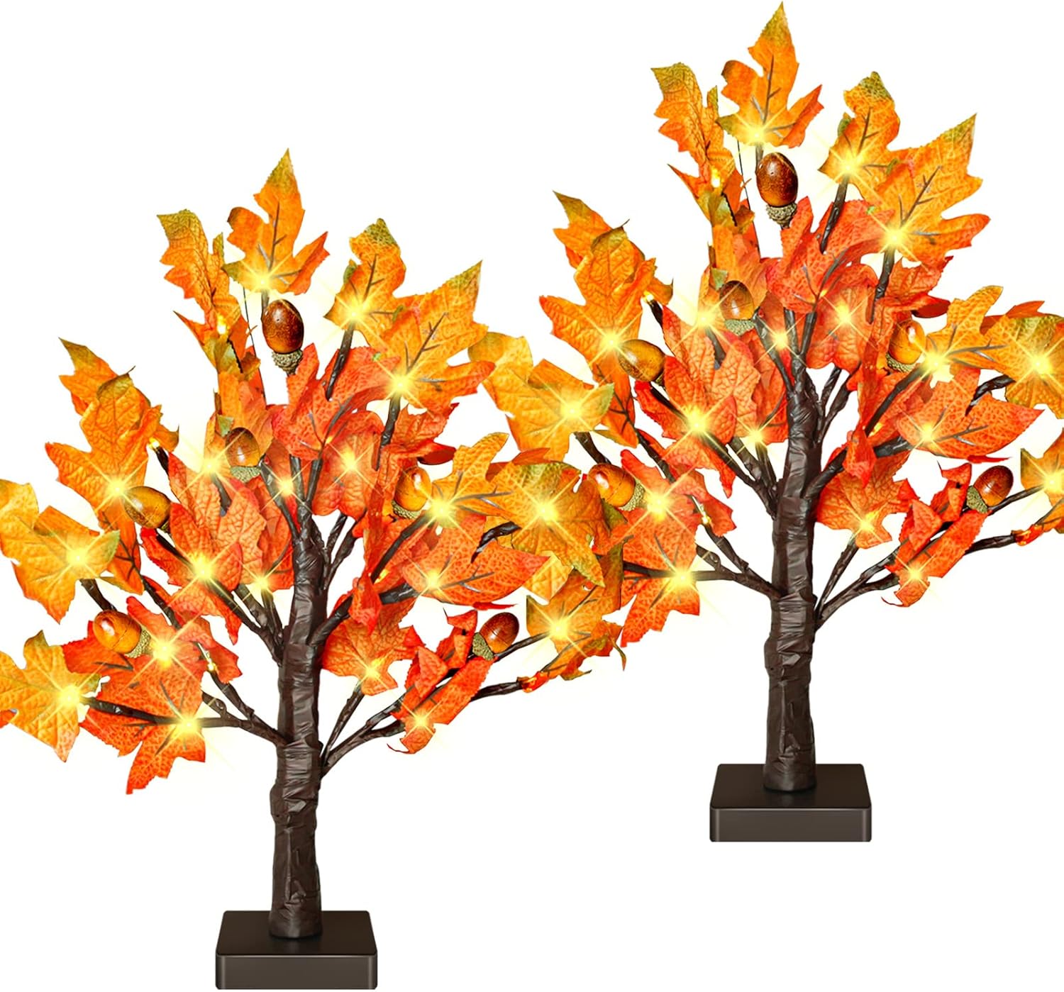 Trees - 2 Pack 18 Inch Prelit Fall Maple Tree with 36 LED Lights, 6 Acorns, 1.5ft Tabletop Autumn Artificial Tree, Fall Centerpieces for Thanksgiving Decoration, Christmas Halloween Harvest Home Decor…