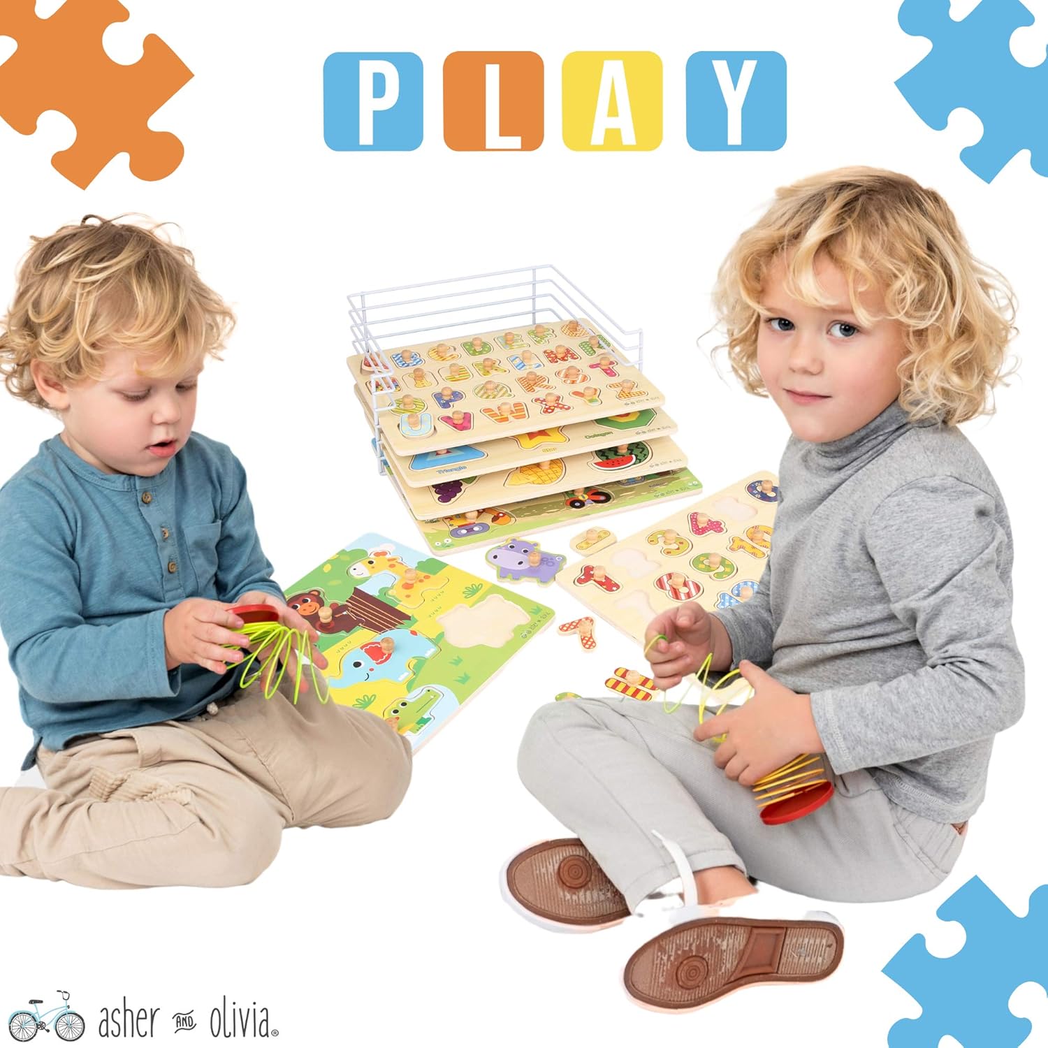 Wooden Toddler Puzzles and Rack Set - (6 Pack) Bundle with Storage Holder Rack and Learning Clock - Kids Educational Preschool Peg Puzzles for Children Babies Boys Girls - Alphabet Numbers Zoo Cars: Toys & Games