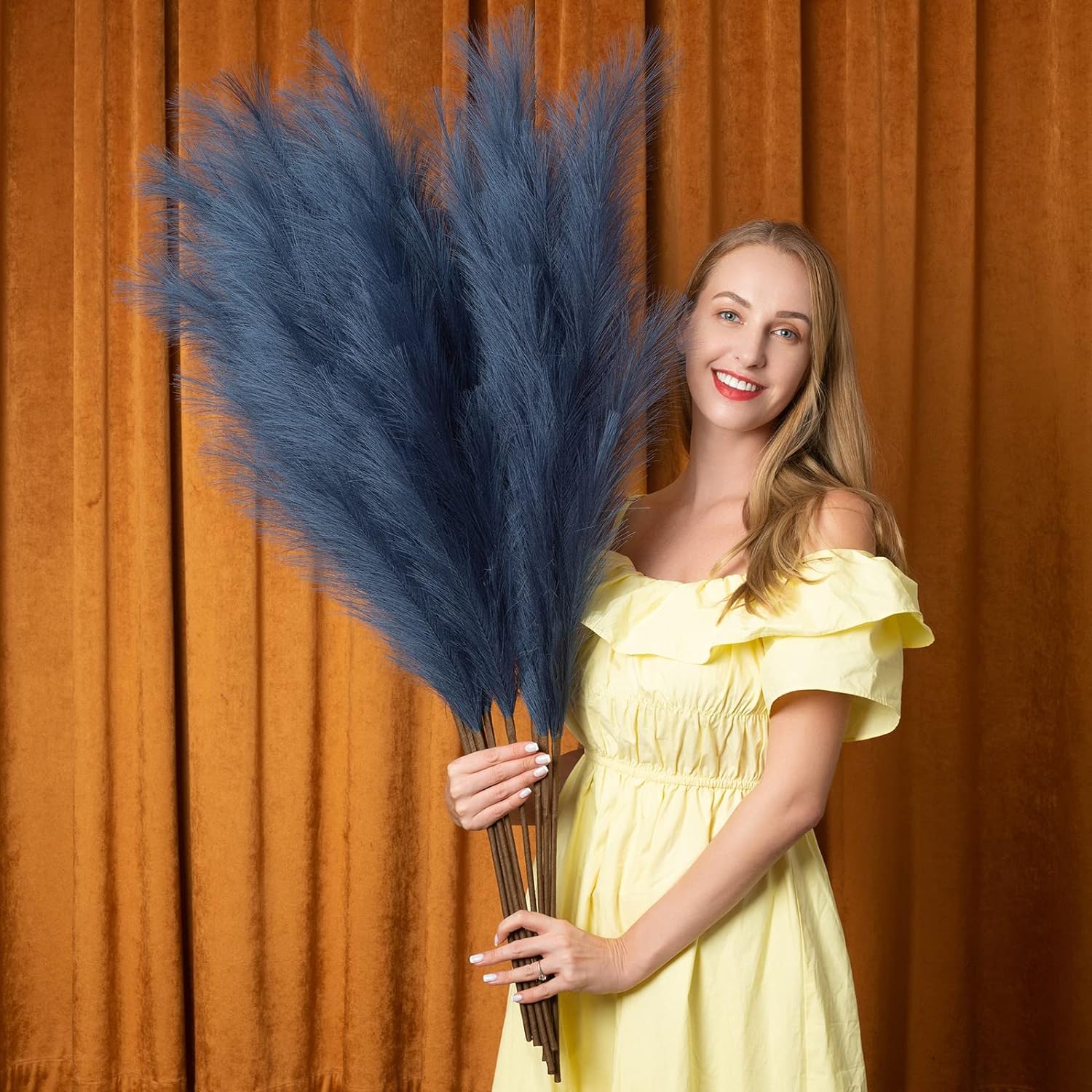 Dried & Preserved Flora - EVODIS Faux Pampas Grass 6 Stems, Artificial Pampas Grass - 43 inch Total Extra Large Pompass Grass Tall Pompous Boho Flower Arrangement and Floor Vase Filler Home Decor for Room Wedding Party (Blue)