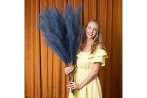 EVODIS Faux Pampas Grass 6 Stems, Artificial Pampas Grass - 43 inch Total Extra Large Pompass Grass Tall Pompous Boho Flower Arrangement and Floor Vase Filler Home Decor for Room Wedding Party (Blue)