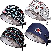Unittype 4 Pcs Satin Lined Nurse Caps for Women Nursing Bouffant Working Caps with Button and Sweatband Adjustable Scrub Hats