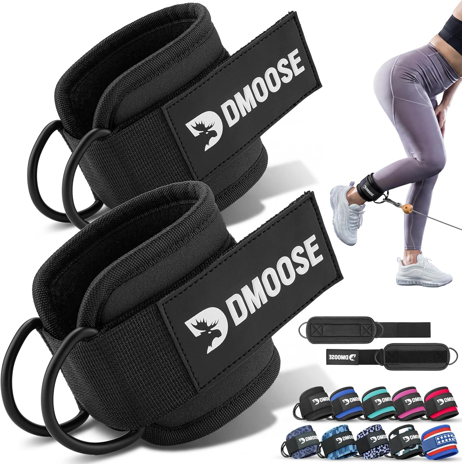 DMoose Fitness Ankle Straps For Cable Machines, Kickback & Lower Body Exercises - One Size Fit with Premium Padding & D-Ring, Gym Cuffs for cable machine attachments - Ankle Strap for Hip Abductors
