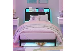 MUZERUL Single Bed Frame with Ergonomic Storage Headboard,Heavy Duty Low Metal Platform,Twin Size Bed Frame with Charging Sta
