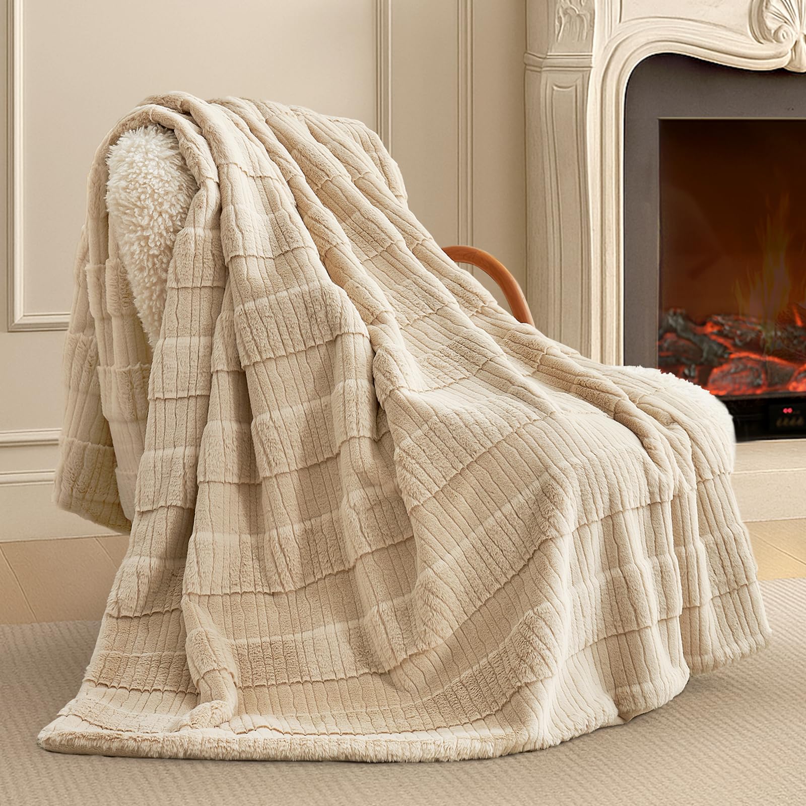 Amélie Home Luxury Striped Faux Fur Throw Blanket for Bed Queen Size, Soft Cozy Fuzzy Fluffy Plush Gift Blankets for Women, 88"x90", Beige Image Amélie Home Luxury Striped Faux Fur Throw Blanket for Bed Queen Size, Soft Cozy Fuzzy Fluffy Plush Gift Blankets for Women, 88"x90", Beige Image