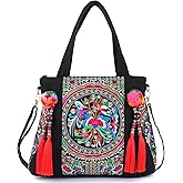 Embroidered Tassels Tote Shoulder Bag Casual Canvas Handbag Cross Body Bag One_Size