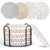Meltset M Coasters for Drinks Set of 8 with Holder Cotton Woven Cup Mats | Braided cloth bar coasters for wooden table coffee mug kitchen decor farmhouse multicolor absorbent tabletop protection