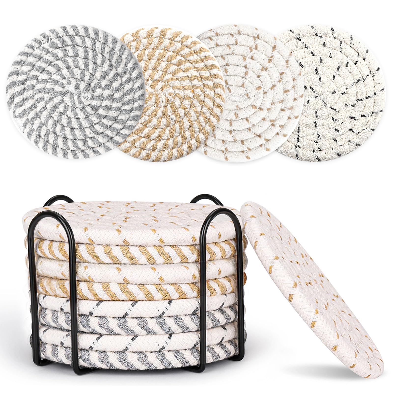 MeltsetM Coasters for Drinks Absorbent Woven Coaster Set with Holder Farmhouse Cute Cloth Fabric Cup Coasters for Coffee Table Office Desk, Handmade Boho Decor Tabletop Protection, 8 Pack