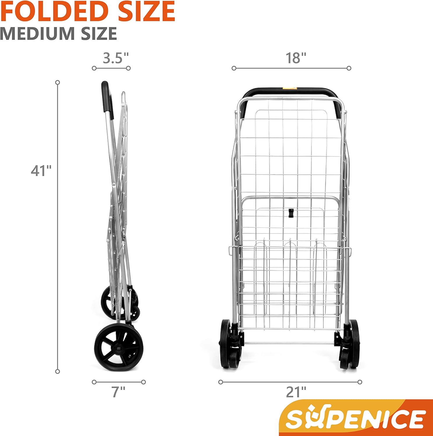 SUPENICE Grocery Utility Shopping Cart - Deluxe Folding Cart with Double Basket and 360° Rolling Swivel Wheels 66 lbs Utility Cart with Wide Cushion Handle Bar for Grocery Laundry Book Luggage Travel : Office Products