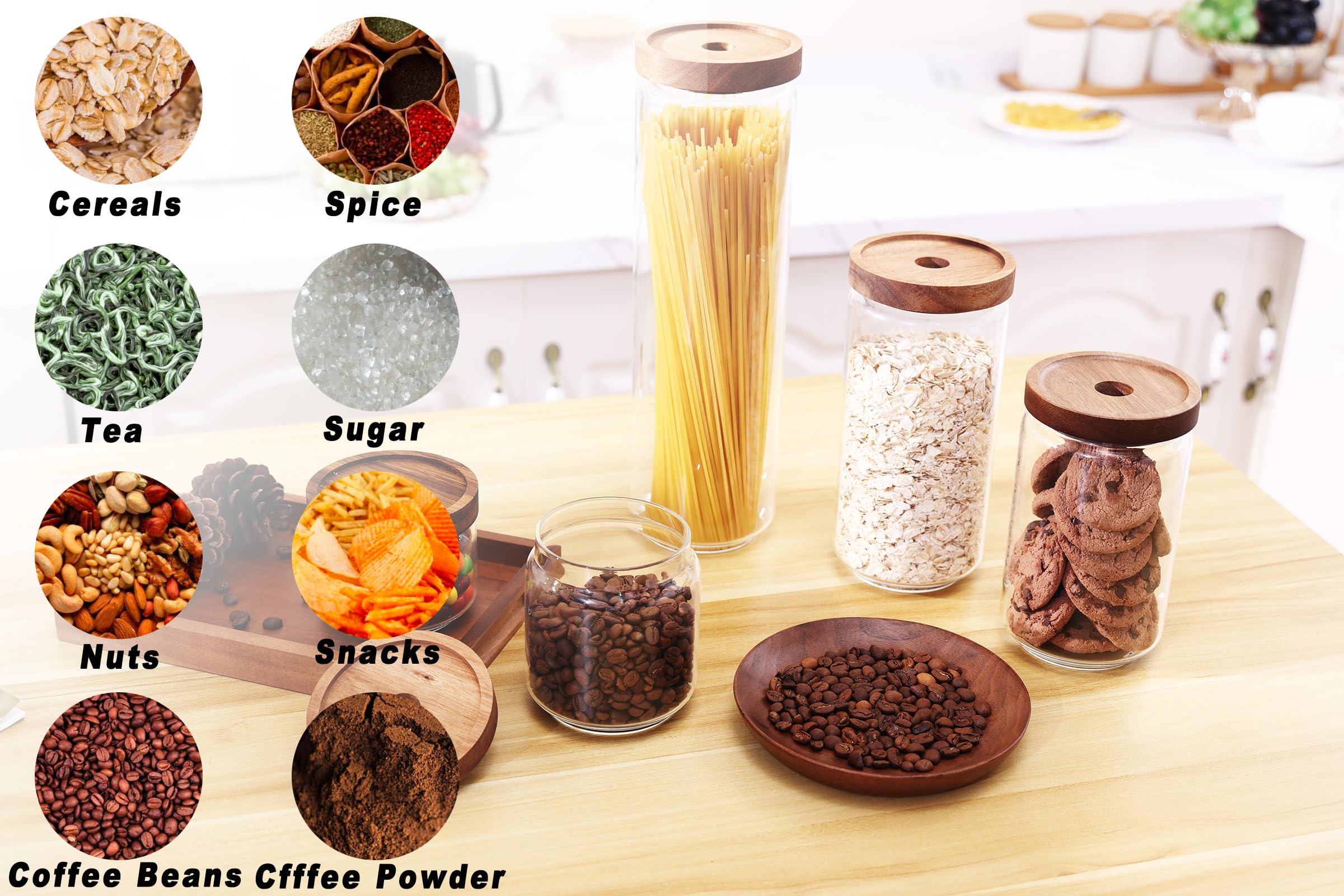 REFSAVER Glass Jar with Lid Coffee Canister with Airtight Bamboo Wooden Lid Glass Storage Containers for Candy,Tea,Coffee,Sugar,Cookie,Spice 5Pack