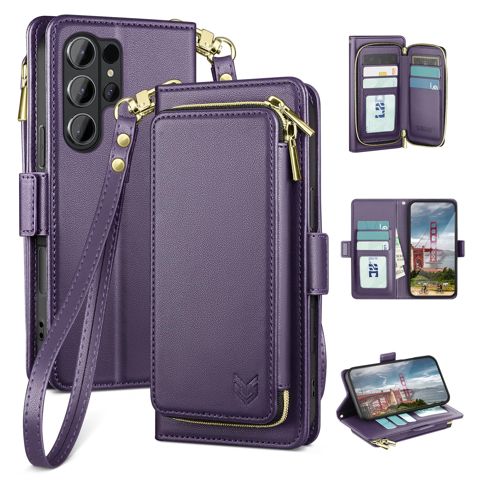 DJBEAR for Samsung Galaxy S26 Ultra Wallet Case for Men & Women, All-in-One Flip Folio Cover with 9 Card Slots, Zipper Pocket, Detachable Wrist Strap, Full Body Protection for S26 Ultra Dark Purple