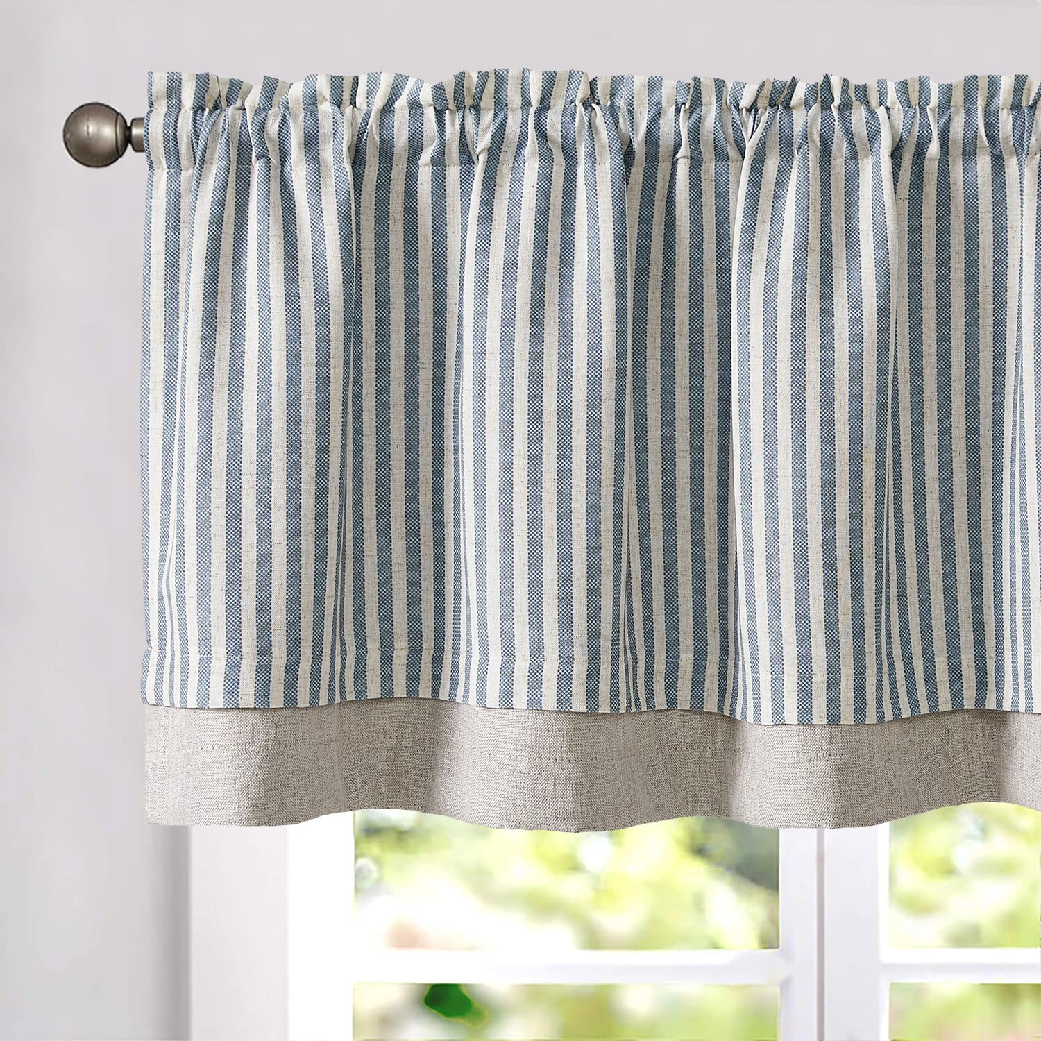 TOPICK Striped Short Kitchen Curtains 18 Inch Drop Small Cafe Curtains Blackout Double Layer Curtain Valance for Sink Living Room Cupboard Rod pocket 1 Panel Blue on Beige