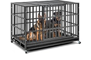 DOCAGT Upgrade 48 Inch Heavy Duty Indestructible XL Dog Crate Steel Escape Proof, Indoor Double Door High Anxiety Cage, Kennel with Wheels, Removable Tray, Extra Large XL XXL