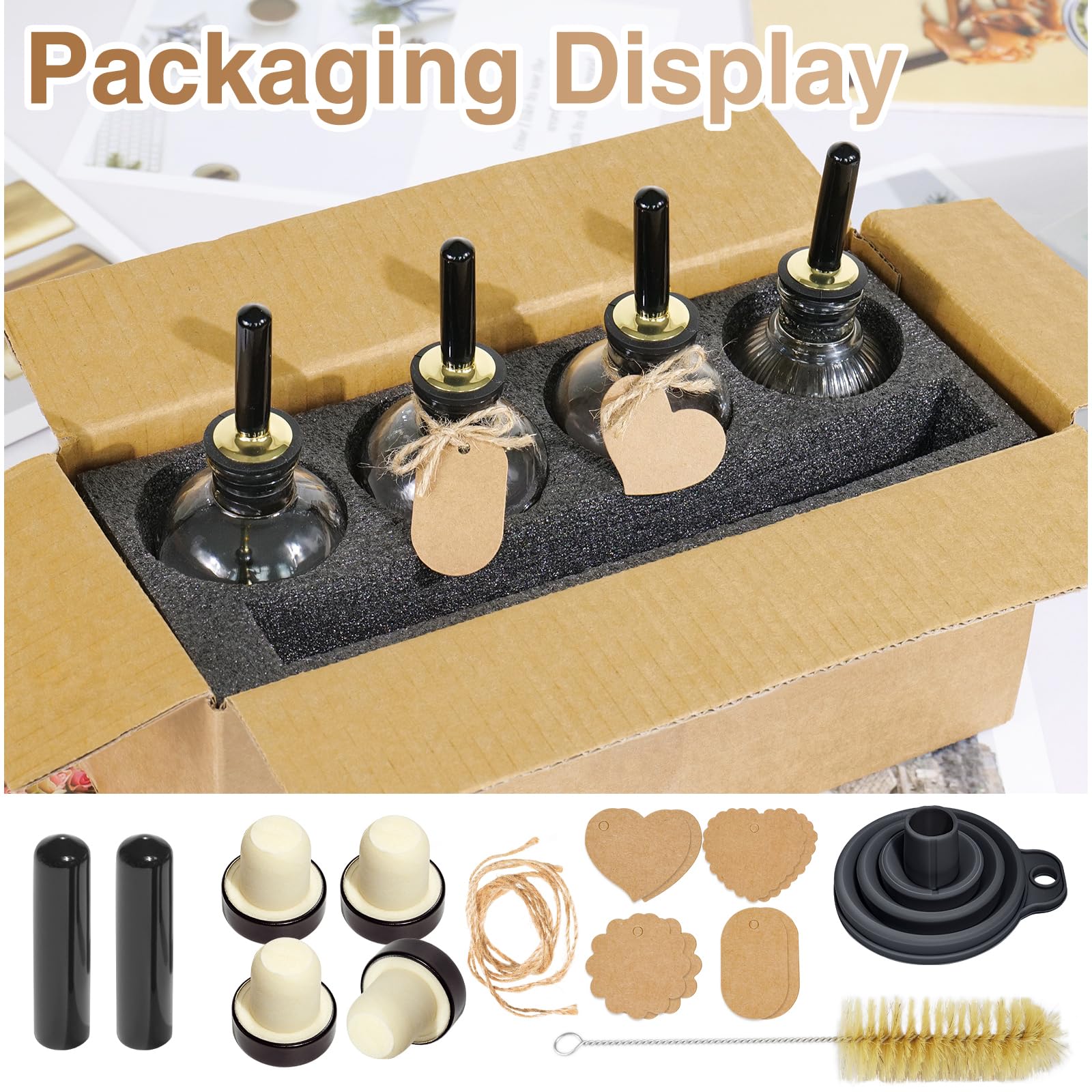 Coffee Syrup Dispenser Bottles Set 4 Pcs, 7oz/200ml Coffee Bar Accessories with Metal Pour Spout, Simple Syrup Bottles for Coffee Syrups, Honey, Condiments, Olive Oil, with Label, Funnel, Cork, Brush