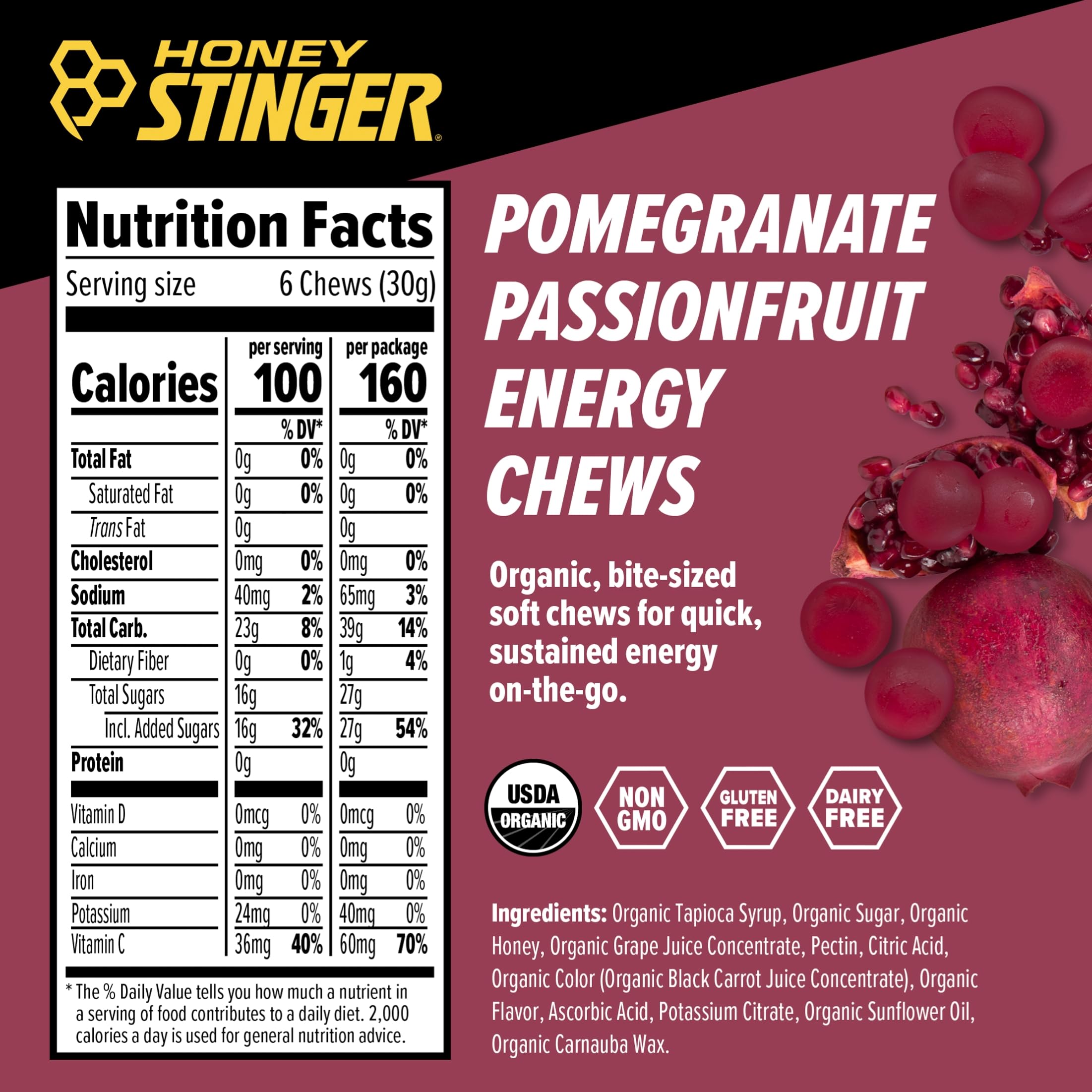 Honey Stinger Organic Pomegranate Passionfruit Energy Chew, Gluten Free & Caffeine Free, for Exercise, Running and Performance, Sports Nutrition for Home & Gym, Pre and Mid Workout, 12 Pack