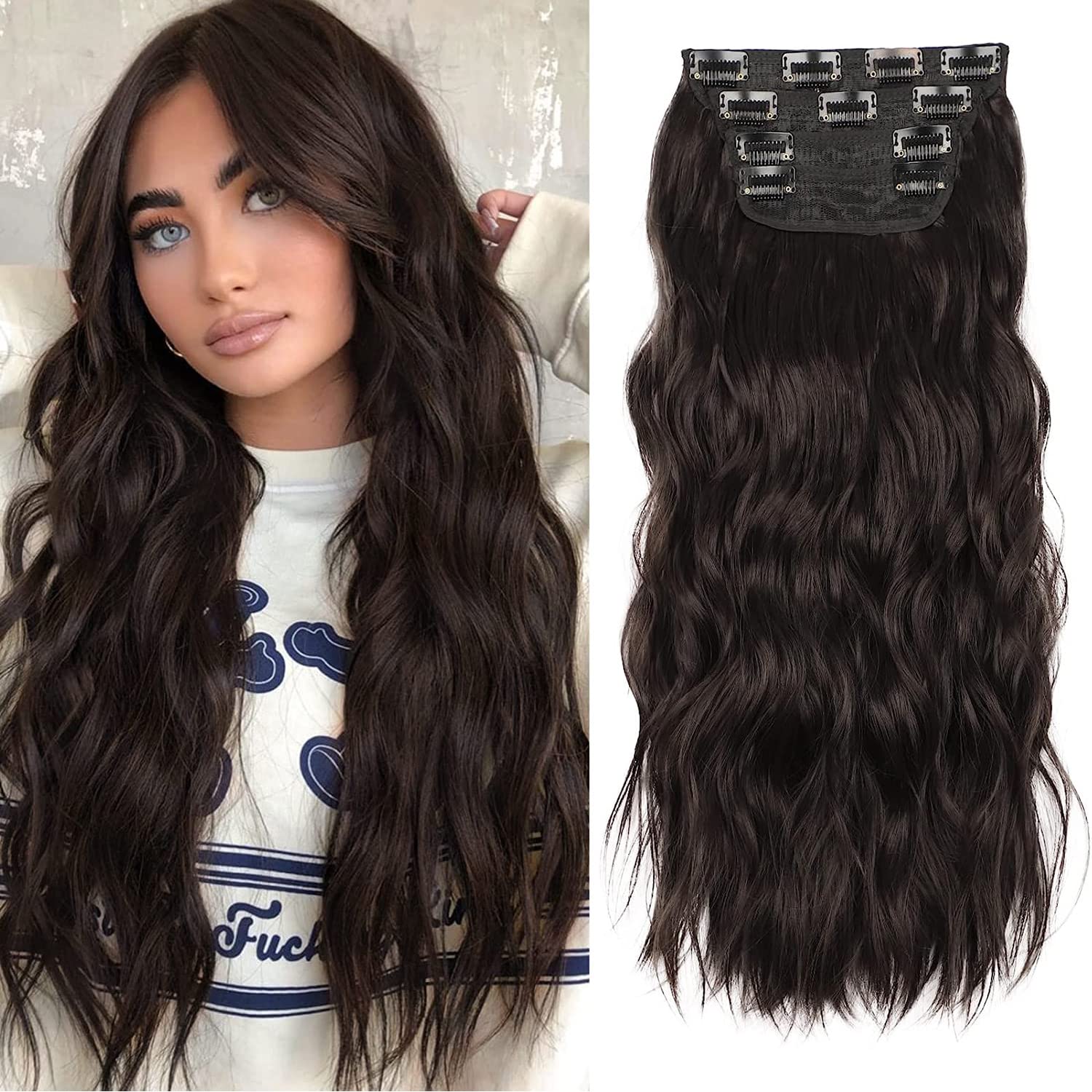 4PCS Brown Hair Extensions Clip in, Curly Synthetic Clip in Hair Extension, 20 Inches Long Hair Extensions for Women Wavy Hair Pieces for Full Head (Brown, 4pcs)