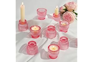 ASHELYULLA Pink Glass Candle Holders, 10Pcs Ribbed Candlestick Holder Tealight Candle Holder for Wedding Table Centerpiece Votive Candle Holder Tapered Candle Stand for Thanksgiving Christmas Housewarming Decor
