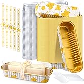 Tioncy 100 Pcs Mini Loaf Pans with Lids Spoons Sealing Stickers, Mini Cake Pans, Aluminum Foil Baking Bread Containers, Bakery Party Supplies 6.8oz for Wedding Birthday Party (Leaves)