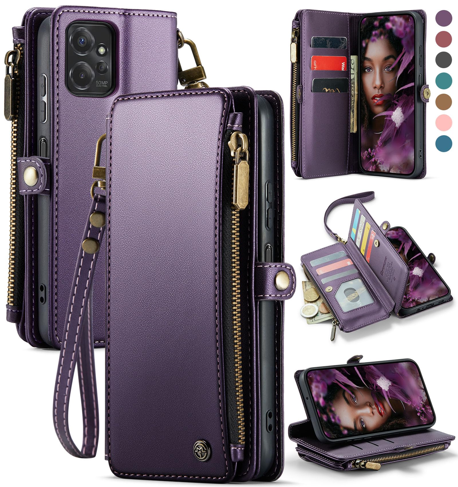 Photo 1 of Defencase Wallet Case Compatible with Motorola Moto G Stylus 5G 2023 with RFID Blocking Zipper Card Holder Fashion Soft PU Leather Magnetic Snap Flip Strap Phone Case Wallet for Women Men, Purple