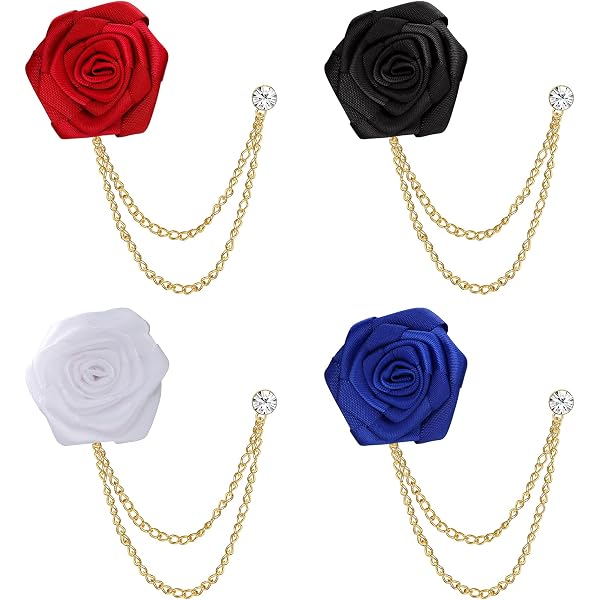 Wedding Brooch For Groom - Rose Flower Lapel Pin With Tassel Chain, Handmade Boutonniere For Suits