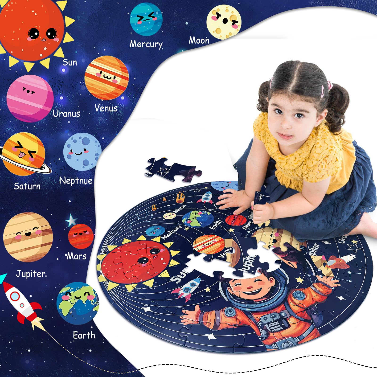 Puzzles for Kids Ages 4-6, 6-8, 3-5, Large 70 Piece Round Floor Jigsaw Puzzle Toys with Solar System Planets, Education Kids Puzzles Learning Gift