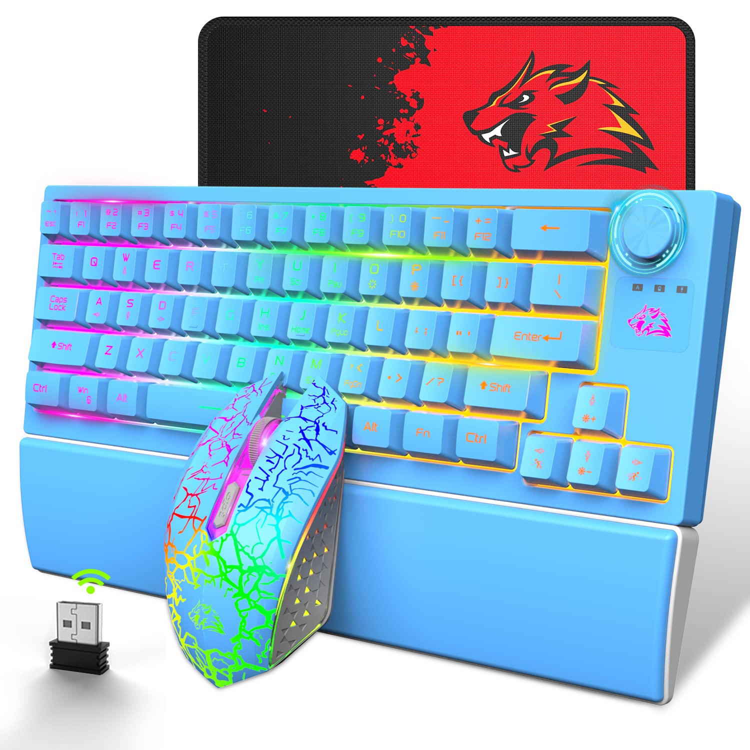 Photo 1 of Wireless Gaming Keyboard Mouse and Wrist Rest Combo, 12 RGB Backlight Rechargeable 4000mAh Battery, Mechanical Feel Keyboard Anti-Ghosting and RGB Wireless Gaming Mouse for PC, Windows, Laptop (Blue)