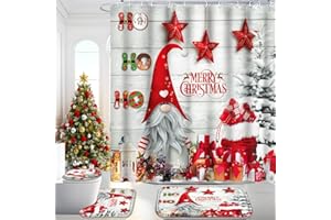 ENYORSEL Christmas Bathroom Sets 4 Pcs, Gnome Shower Curtain Set with Rugs, Christmas Bathroom Decor Incl Shower Curtain with 12 Hooks, U-Shaped Floor Mat, Toilet Lid Oval Rug, Dwarfs 01