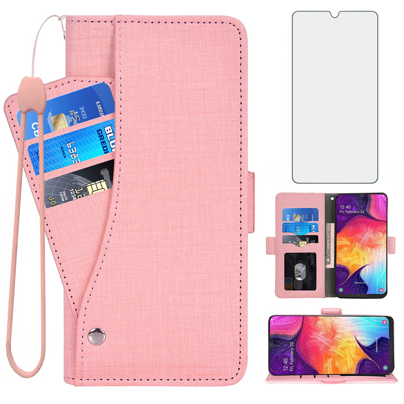 Asuwish Compatible with Samsung Galaxy A50 Wallet Case Tempered Glass Screen Protector and Flip Cover Card Holder Cell Accessories Phone Cases for Glaxay A 50 Gaxaly S50 50A SM A505G Women Men Pink