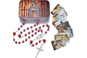 SZQCZB Rosary Beads Catholic Necklace Holy Soil Medal Cross Crucifix with Metal Box and 18pcs Prayer Cards