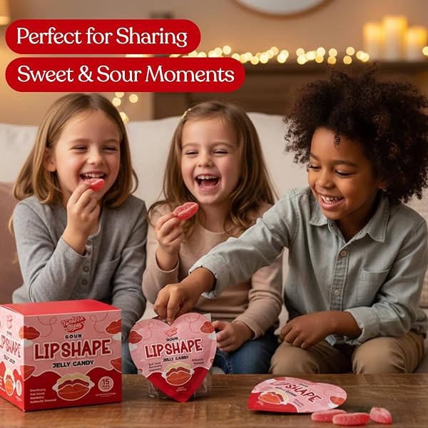 75 PCS – 15 PACKS OF 5 VALENTINE’S DAY SOUR PUCKER GUMMY – HEART SHAPED PACKS WITH 5 LIP CANDY IN EACH BAG, STRAWBERRY, RASPBERRY & TUTTI FRUTTI FLAVORS, VALENTINE CANDY GIFT BOX