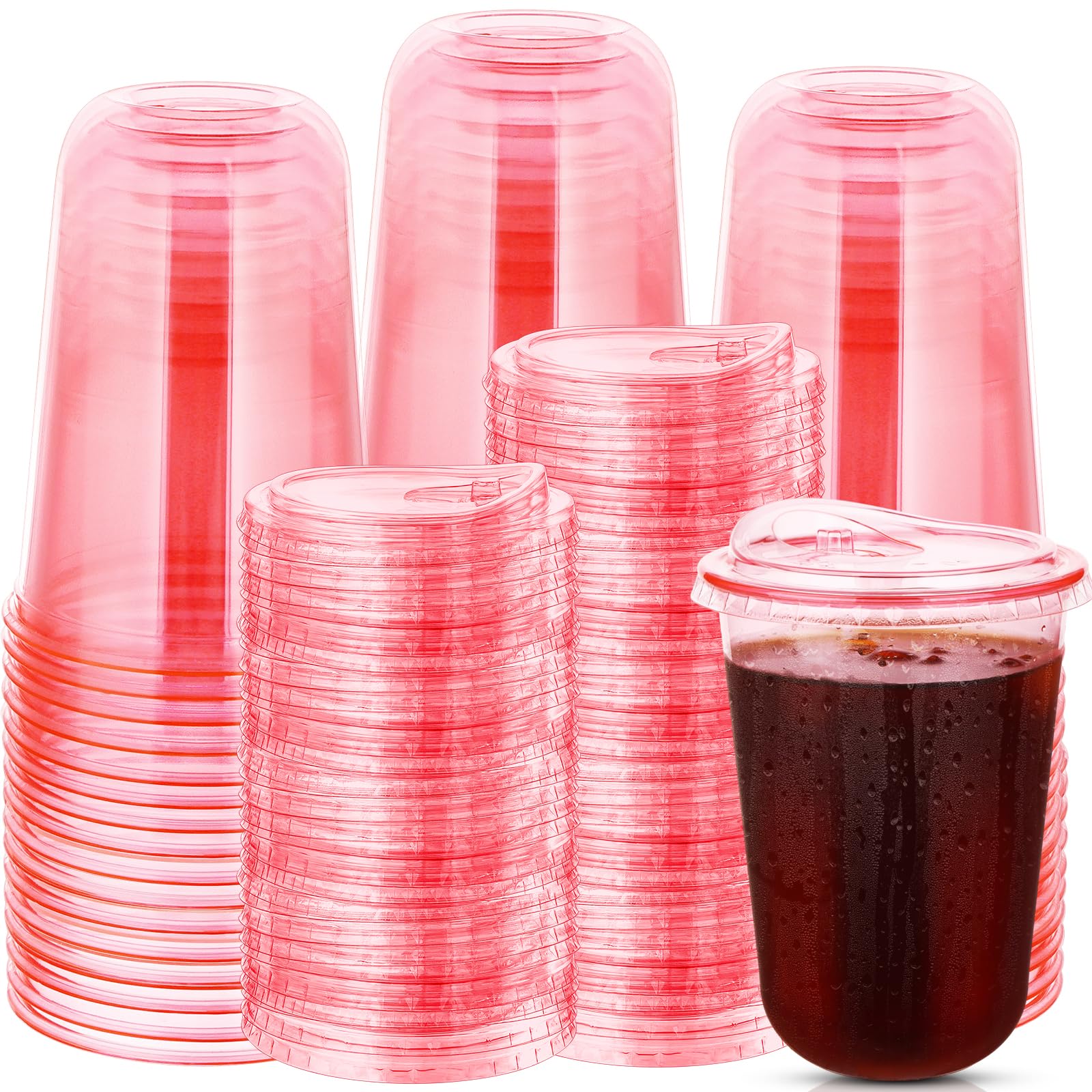 Photo 1 of 100 Sets Disposable Stemless Glasses With Strawless Sip Lids,PET Drinking Cups,Clear Plastic Coffee Cup for Iced Coffee, Smoothie, Cold Beverage, Drink Shop and Christmas Party Supply (Pink, 16 oz)