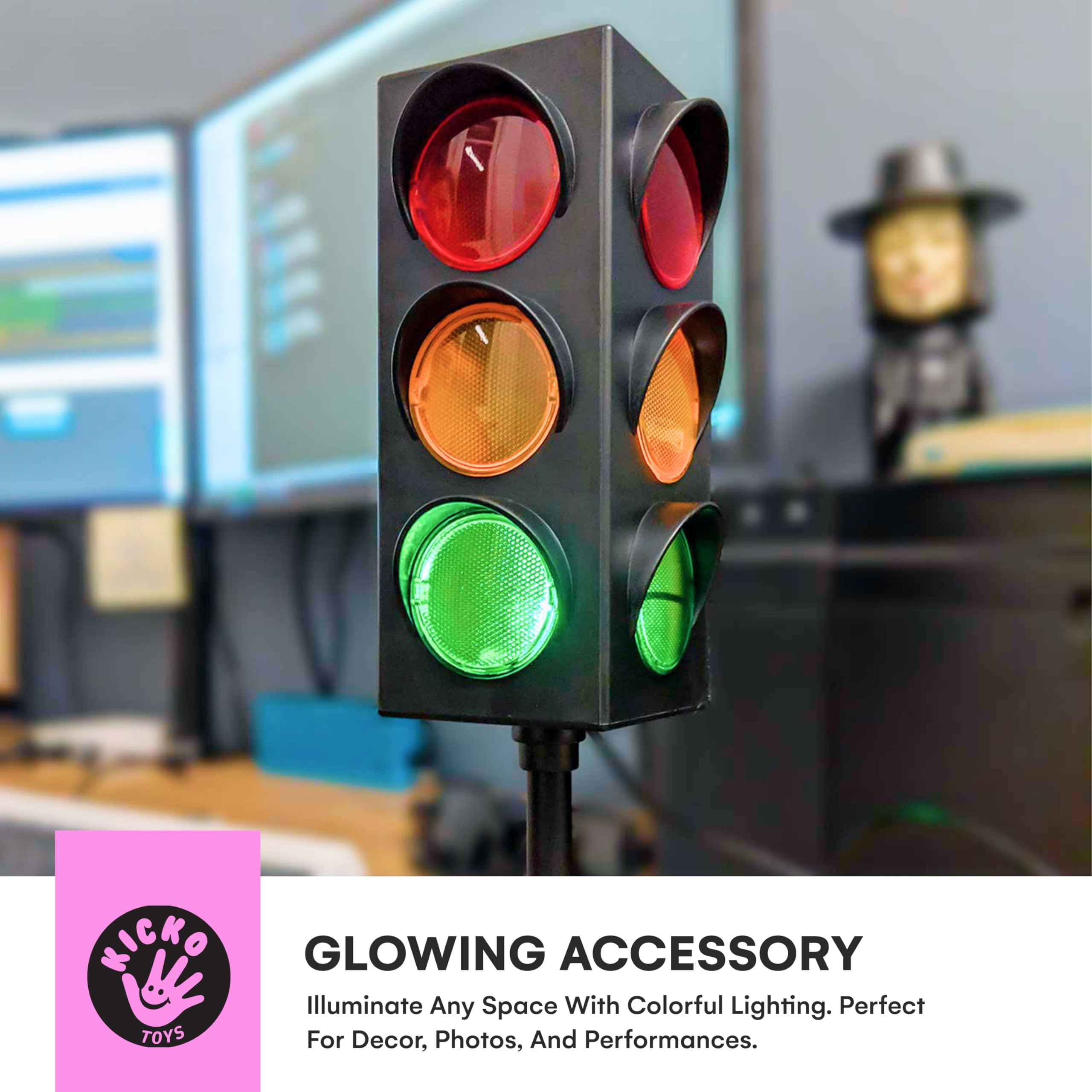 Kicko 11-Inch Traffic Lights Lamp with Base - 4-Mode Color Changing Stop Light Lamp for Kids’ Bedroom, Party Decoration or Playroom - Battery or USB Powered Mini Lighting - Ideal Traffic Light Decor