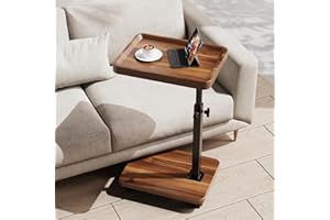 SJIE C Table End Table Adjustable Height, 360°Swivel TV Tray Table for Small Spaces, Side Tables with Wheels for Living Room and Bedroom, Bed (Walnut)