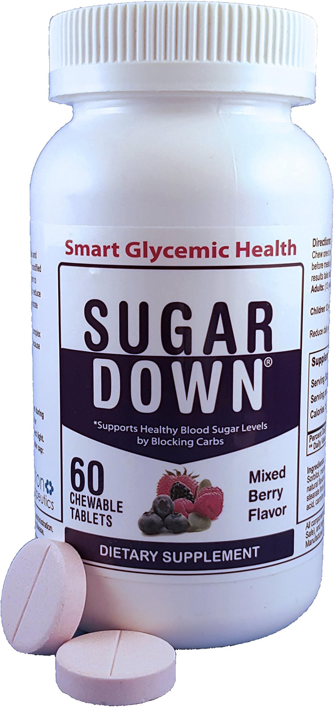 SugarDown Blood Sugar Support. Naturally Block Carbs. 1 Bottle. 60 Chewable Tablets. Mixed Berry Flavor.