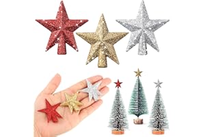 Hanaive 3 Pcs Mini Christmas Tree Topper Small Star Christmas Treetop Ornaments for Mini Tree Holiday Decorative Star for Xmas Home Decor(1.77 Inch,Glitter Gold, Silver, Pink)