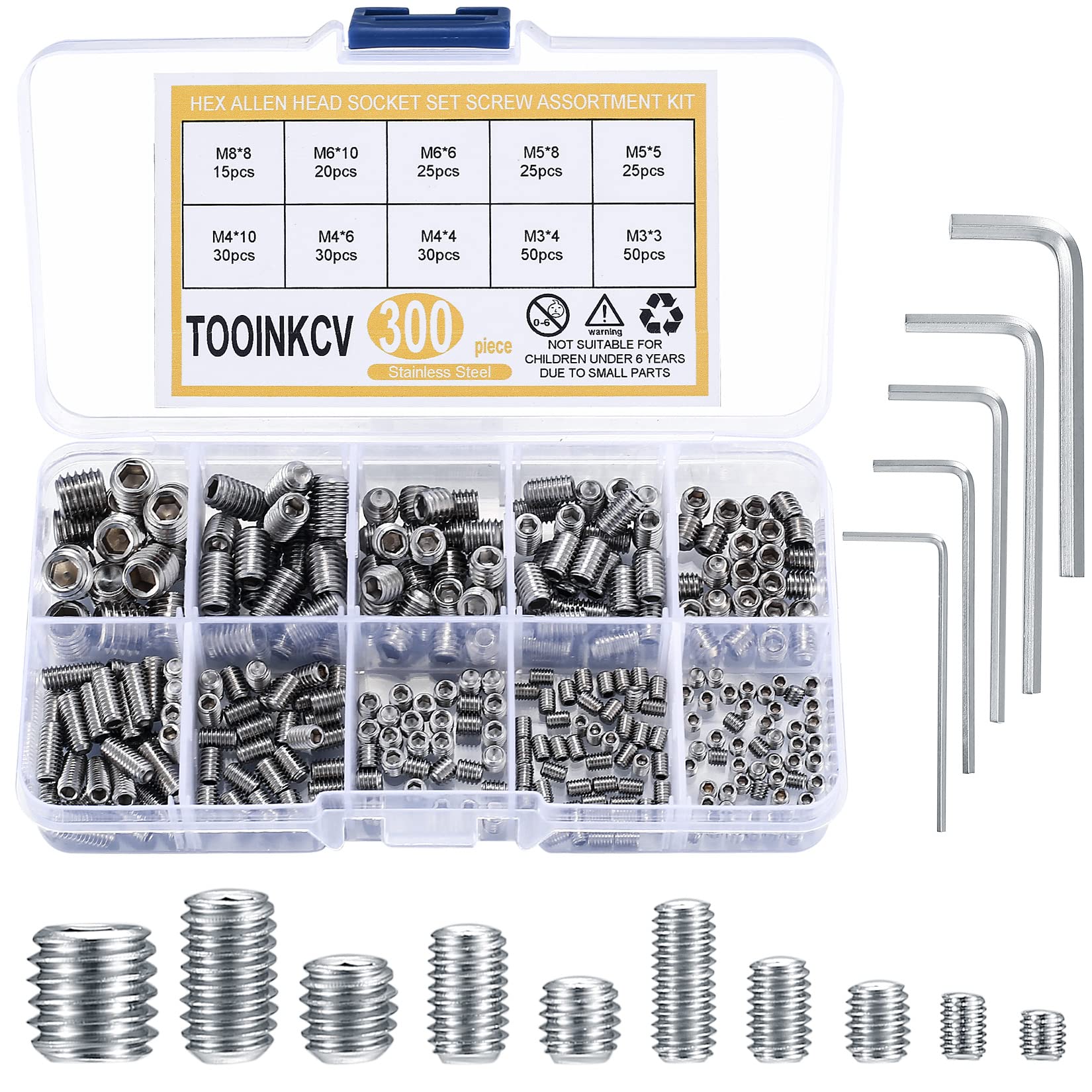 Photo 1 of TOOINKCV 300 Pcs Stainless Steel Socket Head Screws Assortment Kit, Allen Head Socket Hex Head Screws, Metric M3 M4 M5 M6 M8 Grub Screws Set for Door Handles, Light Fixture
