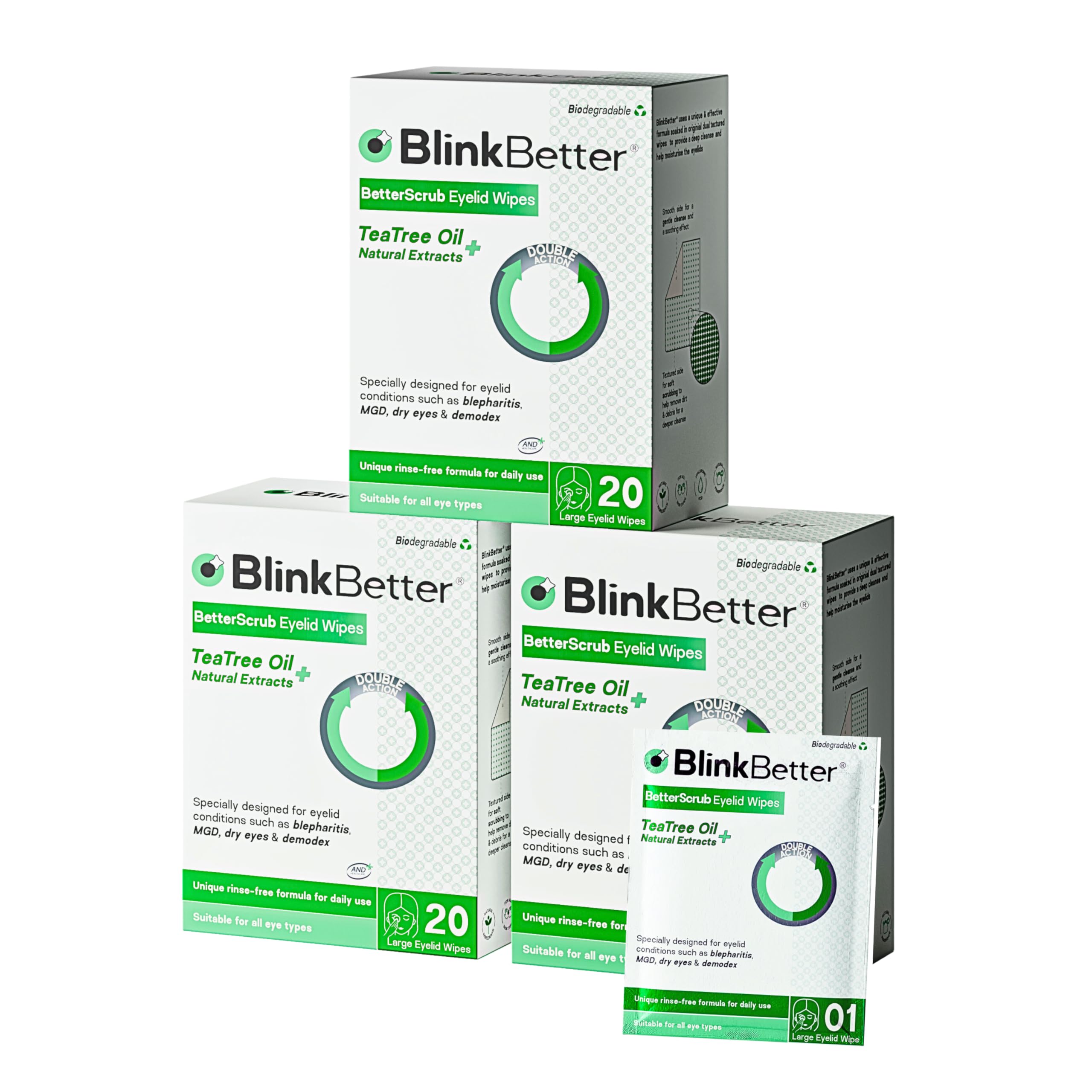 BlinkBetter Tea Tree Oil Eyelid Wipes - 60 x Natural Blepharitis, MGD & Dry Eye Relief Wipes | Cleansing, Soothing, Dual-Textured, Triple Moisture Formula | Biodegradable & Gentle (Pack of 3)