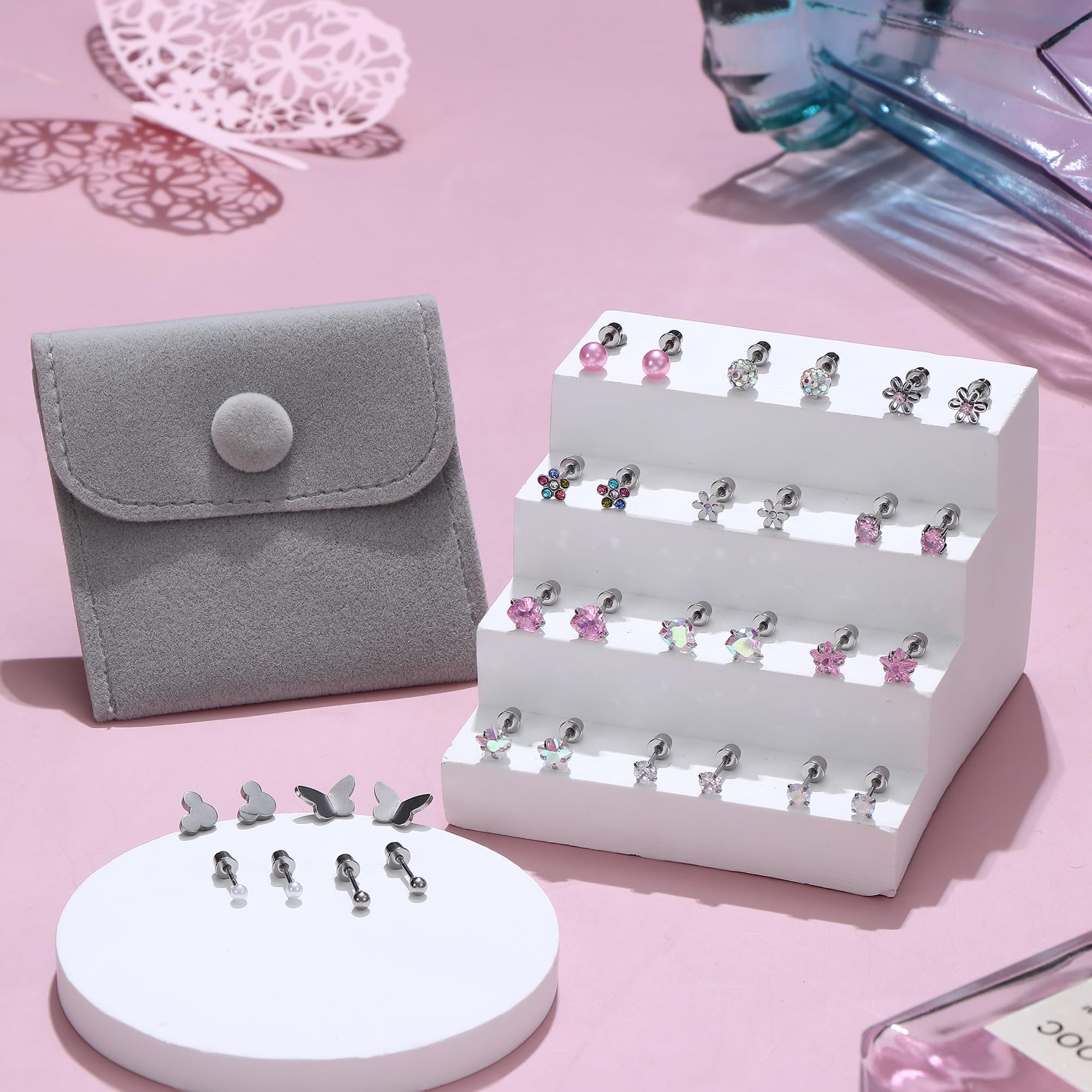 CASSIECA 16 Pairs Hypoallergenic Screw Back Earrings for Women Girls 316L Stainless Steel CZ Ball Heart Flower Screwback Flat Back Stud Earrings Jewelry Gift Women Multicolored Pink