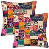 FexNuvko Printed Faux Patchwork Throw Pillow Covers 18x18 Set of 2 | Rustic Kantha Cushion Cases with Hidden Zipper | Floral Decorative Pillowcases for Couch, Sofa, Living Room and Bedroom