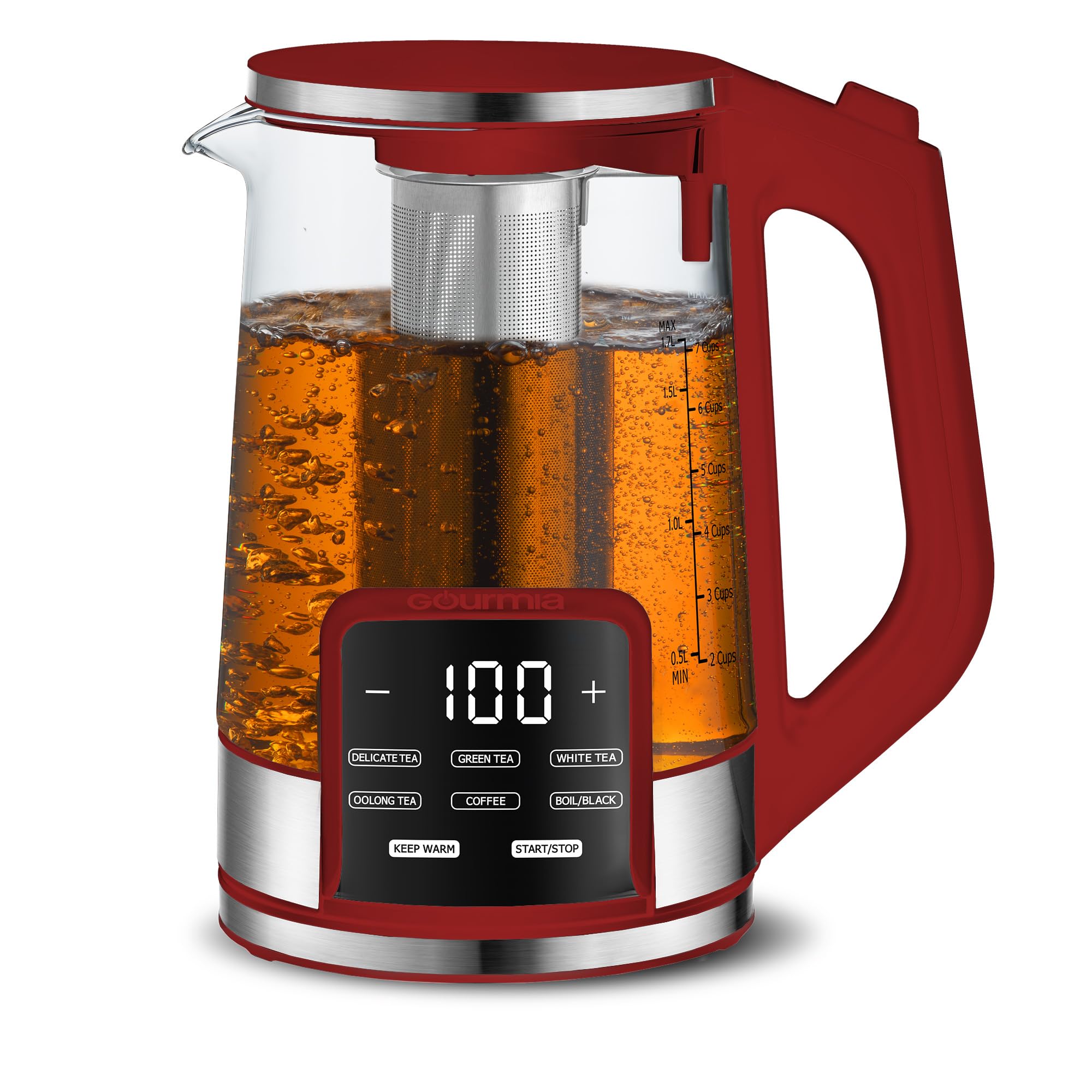 Gourmia Hervidor eléctrico de vidrio programable - Hervidor de té y café con control de temperatura de 1,7 L con pantalla táctil digital, 6 presintonías, mantiene caliente, infusor de acero inoxidable extraíble, base giratoria de 360° - Rojo