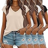 Locoowai 4 Pack Women's V Neck T Shirts Cap Sleeve Tops Trendy Short Sleeve Basic Tees Summer Casual Fashion Clothes