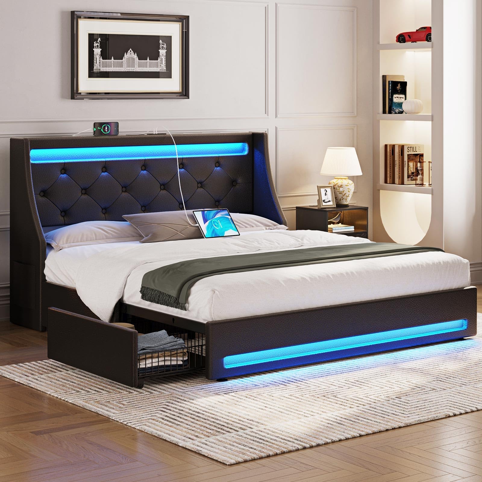Rolanstar Full Bed Frame with LED Lights and Charging Station, PU Leather Bed with Drawers, Wooden Slats, Noise Free, Easy Assembly, Black Image