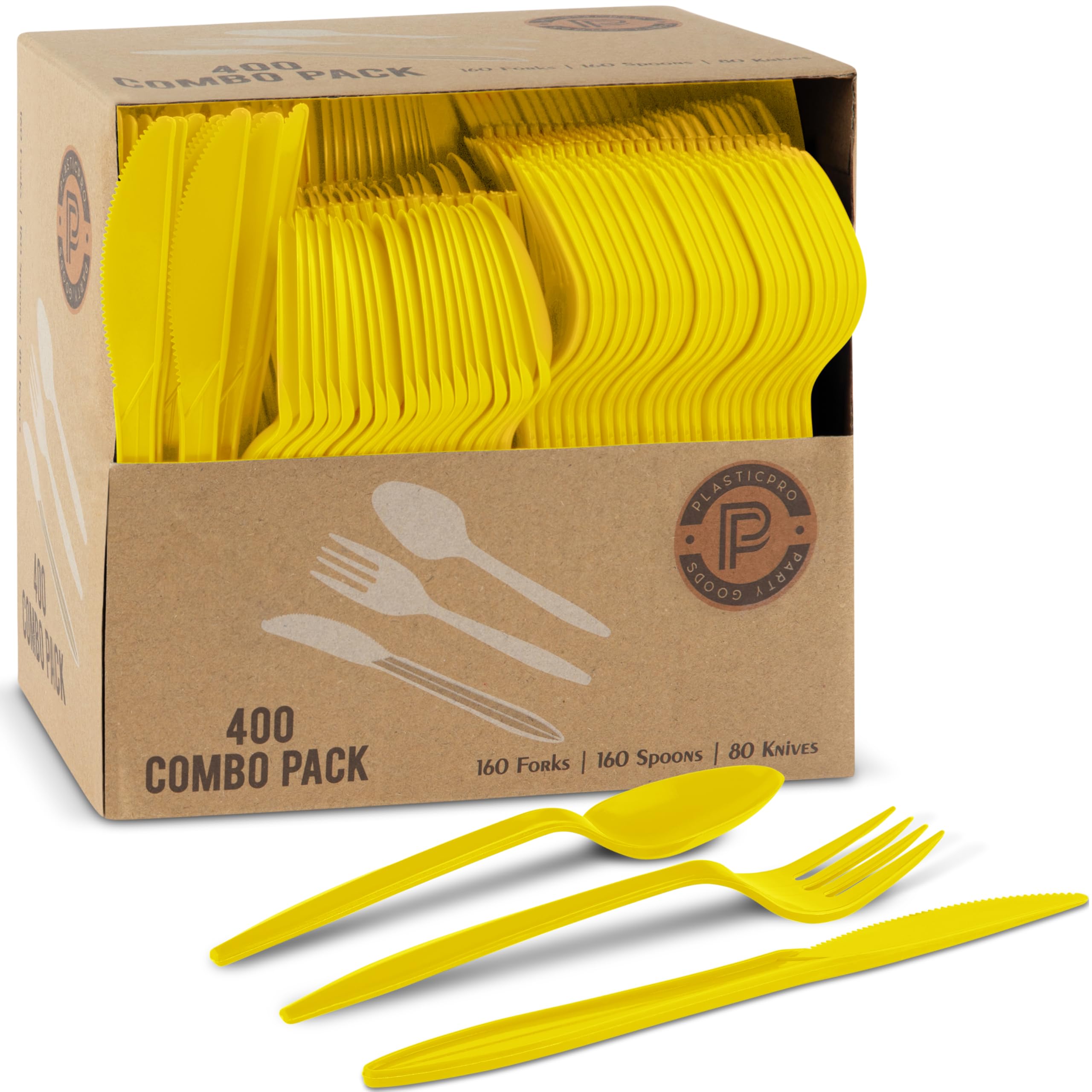 Photo 1 of PLASTICPRO 400 Pack Disposable Plastic Utensils Assorted Colored Cutlery Combo Set Forks Spoons Knives Silverware, Yellow Plastic Cutlery for Parties