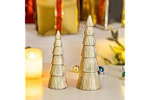 Christmas Tree Figurine, Table Top Small Gold Christmas Decorative Statues, Set of 2 Desk Centerpieces for Neutral Christmas 