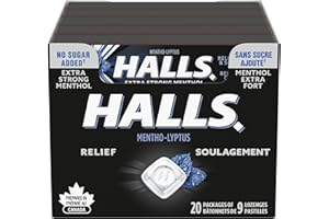 HALLS No Sugar Added Extra Strong, Cough Drops, 20 Packs of 9 lozenges, Throat Lozenges, Sore Throat Relief, Relieves Cough, 